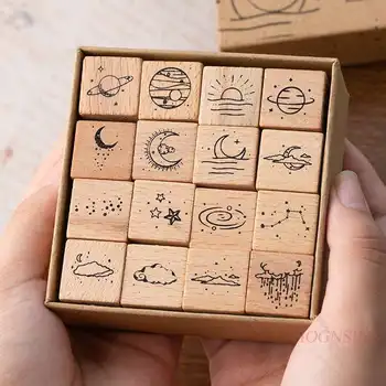 

16pcs Wooden seal star moon planet constellation decorative print