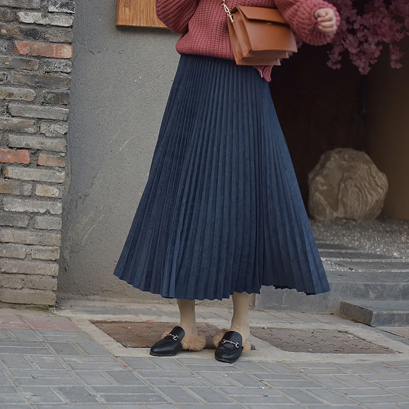 

Autumn Winter Mid-Calf Korean Pink Plissee Skirt High Quality Fashion Midi Large Swing Pleated Velvet Skirt 2019 Women