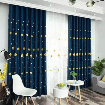 

Cartoon Smile Star Embroidered Tulle Curtain for Kids Boys Bedroom Semi-Blackout Navy Blue Window Treatment Drapes JS250C