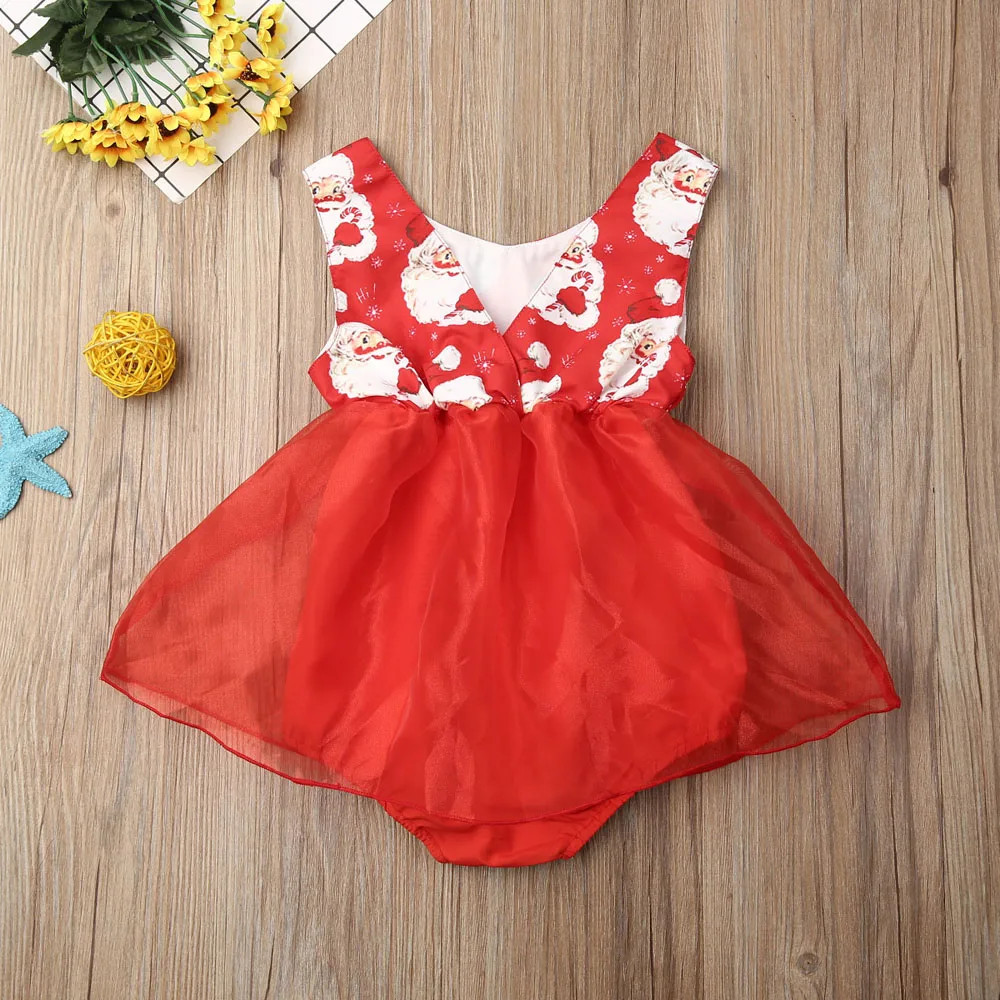 Newborn Baby Girls Xmas Clothing Toddler Baby Girl Christmas Sleeveless Bodysuit Santa Claus Print Baby Girls Jumpsuit Clothes