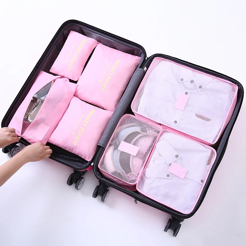 Hot Fashion Travel Waterproof Clothes Storage bags Luggage Pouch Packing Cube Solid Portable Organizer 7 pcs/set - Цвет: pink