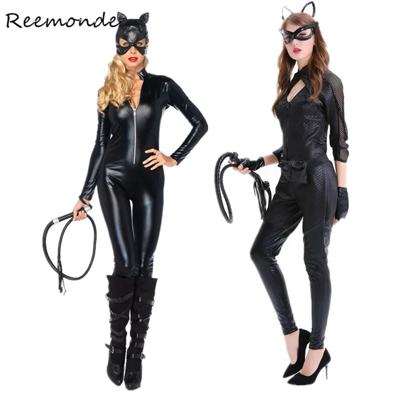 Adult Women Cat Women Cosplay Costumes Sexy Black Synthetic Leather Catsuit Jumpsuit With Whip
