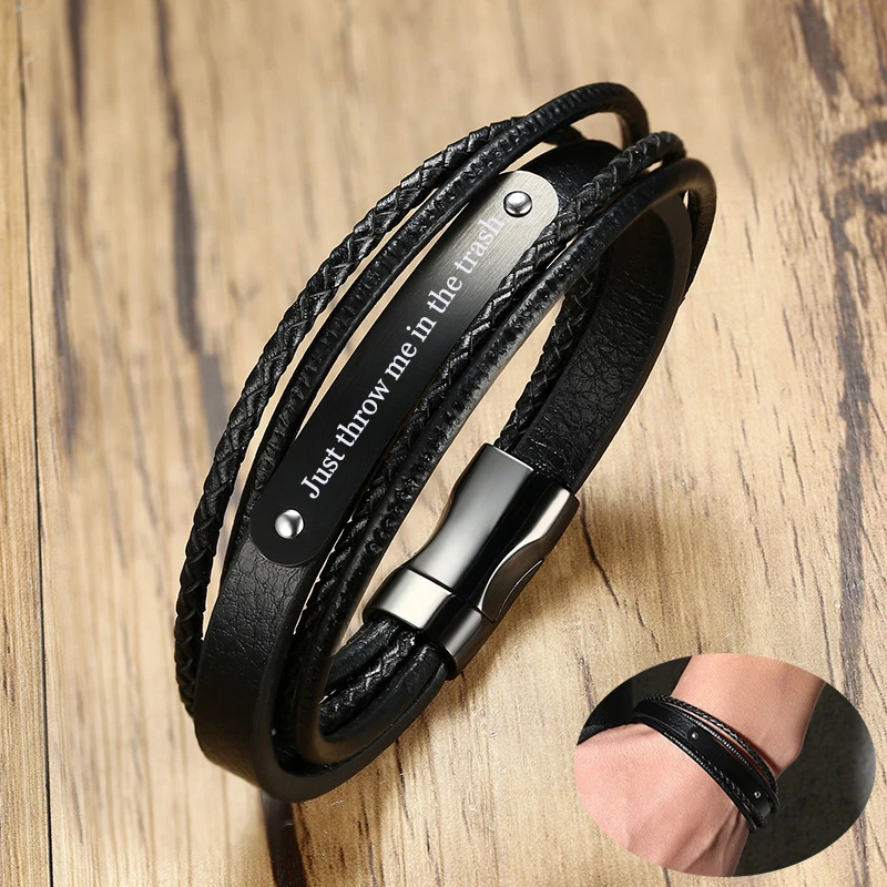 

Mens Engraved "Just throw me in the trash" Wrist Bracelets Black and Gold Tone ID Tag Bangles Custom Jewelry