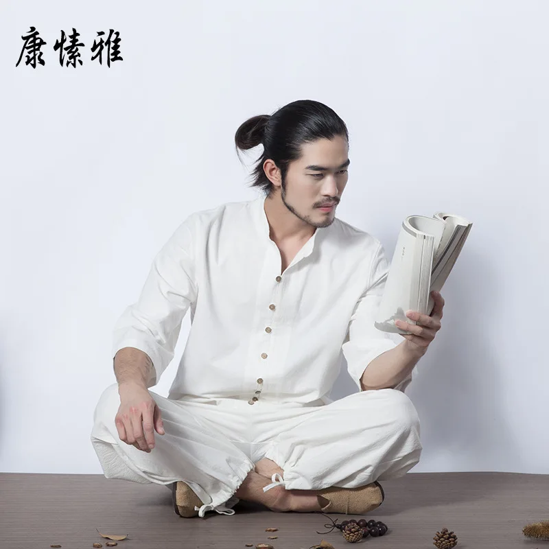 Мужская одежда для йоги из хлопка и льна топ с семью манжетами широкими штанинами