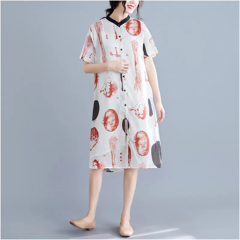 

2019 Summer New Style Literature And Art Loose Cotton Linen Printed Large Size Dress Mid-length Short-sleeved Shirt Dress Women'