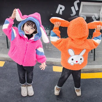 

Girls Cute Fluffy Winter Coat Kids 3D Ear Hooded Jacket Children Pluh Velvet Thick Coats Girl Upper Outer Garment Warm Clothes
