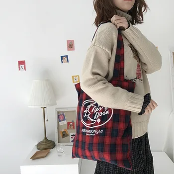 

Women Canvas Bags Checked Plaid Pattern Female Cloth Tote Handbag Ladies Casual Shoulder Bag Students Simple Shopping Bags #15