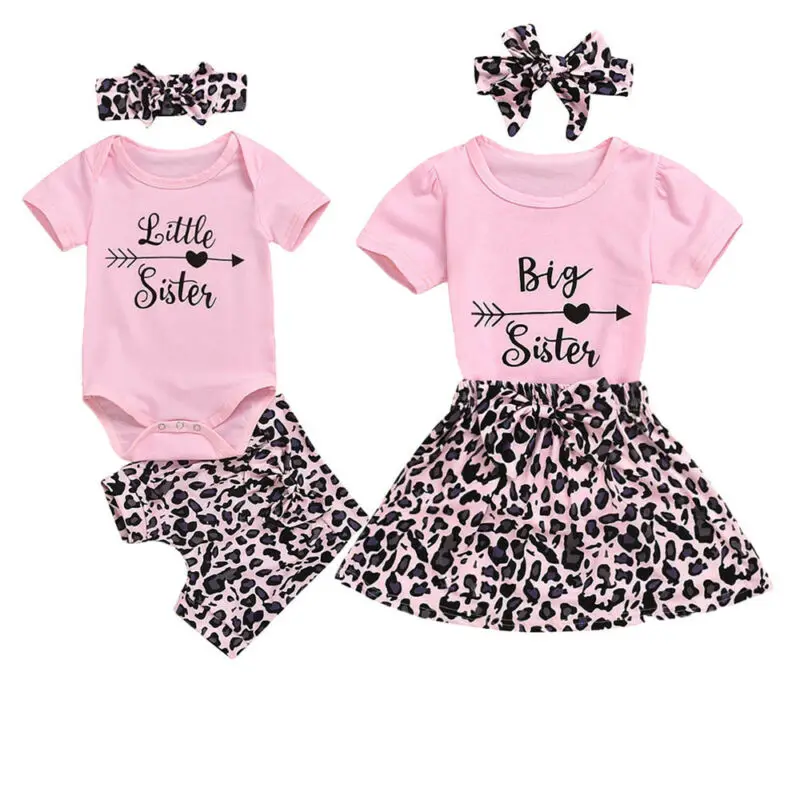 Ropa a juego de 3 uds. Para bebé, Niña y hermana, camiseta, Top, pantalones cortos de leopardo, falda, atuendo de letras