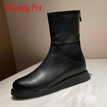 

Krazing pot genuine leather thick bottom big size high quality gorgeous round toe high mid heel keep warm zip mid-calf boots L20