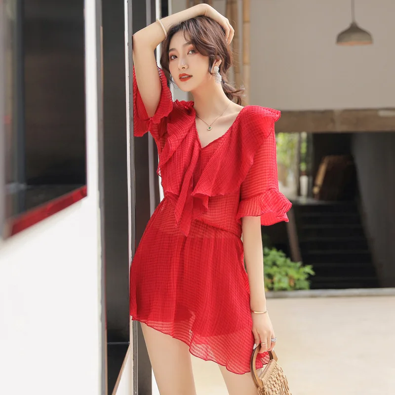 

2020 New Style Bathing Suit Women's Sexy Slim Fit Underwire Small Bust Gathering Split Type Boxer Blouse Three-piece Set Bathing