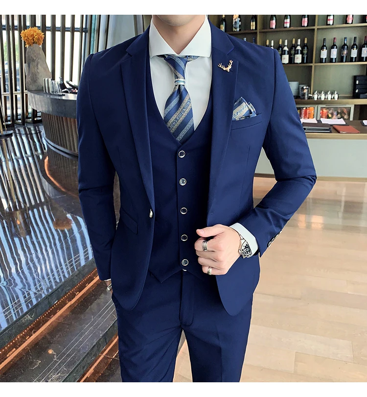 Сплошной цвет slim fit мужской костюм из 3 предметов свадебное платье мужской повседневный деловой пиджак Свадебный Выпускной костюм жениха одежда смокинг