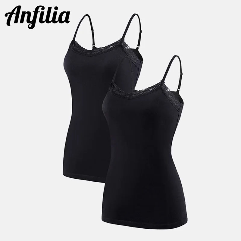 BLA X 2 Anfilia Women Basic Camisole Cotton Soft Camisole Lace Tank Tops Adjustable Strapped Night Sleepwear Pack of 2 Running Vests - Color: BLA X 2