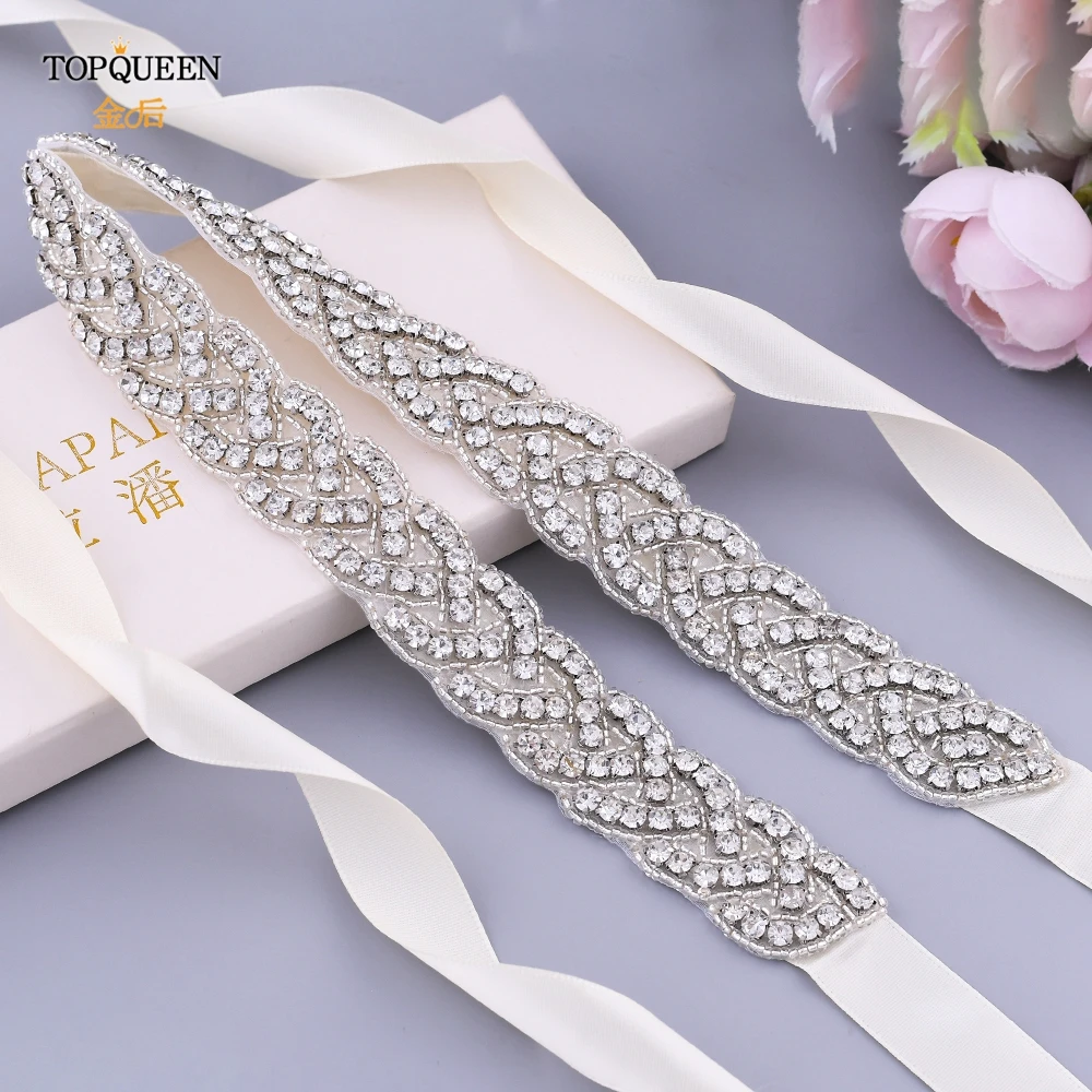 TOPQUEEN S216 Luxury Wedding Bridal Sash Ribbon Sparkly Rhinestone Belts for Formal Dress Plus Size Diamond Belt Sash Applique