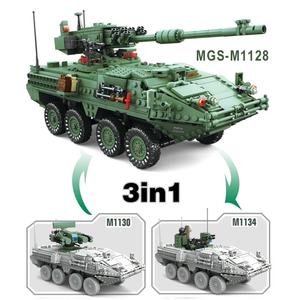 1672 шт. 3в1 KAZI KY10001 создатель век военные MGS-M1128 танки бронированные транспортные средства модель строительные блоки кирпичи игрушки Дети Мальчики