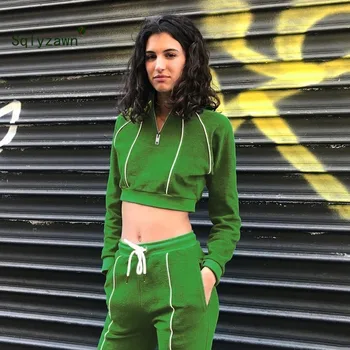 

Autumn Green 2 Piece Sweatsuits Set Women Reflective Strip Zipper Loose Short Sweatshirts Sweatpants Suit Pants Jogger Tracksuit