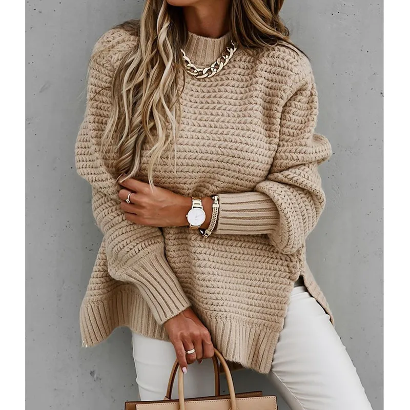 

Zoulv Autumn and Winter Elegant Rib Sweater Retro Solid Color Lantern Sleeve Ladies Pullover Top Casual Knitted O-neck Sweater
