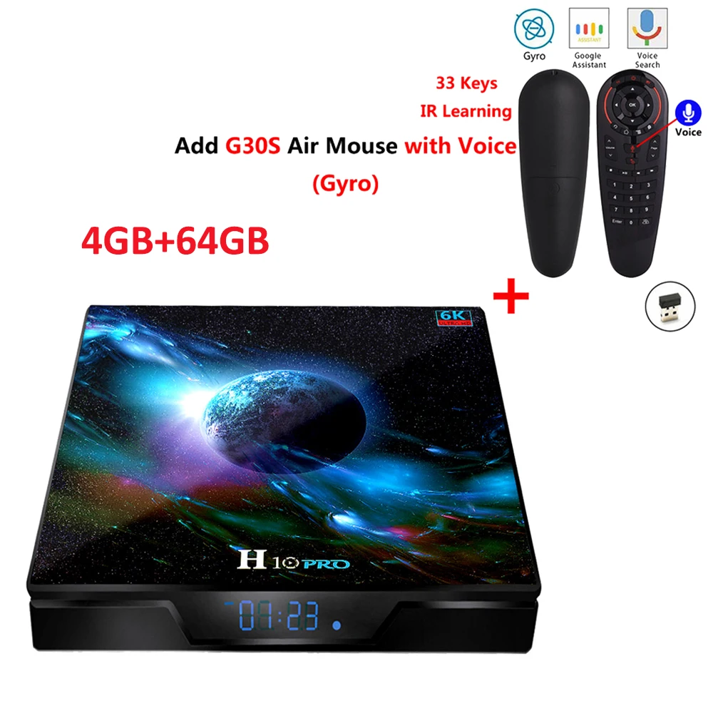 ТВ-приставка H10 Pro Android Tv Box Allwinner H603 4 ядра, 4 Гб оперативной памяти, 32/64GB 2,4G 5G WI-FI LAN 100 м H.265 SD/HD max 6K пикселей Android Tv Box - Цвет: 4GB 64GB add G30S