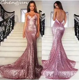 Розовый Chengjun/розовые вечерние платья с блестками на тонких бретельках и открытой спиной - Цвет: Розовый