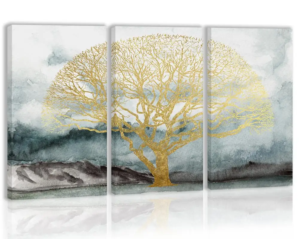 

Golden Tree Wall Art Decor Modern Abstract Canvas Painting Kitchen Prints Pictures for Home Living Dining Room