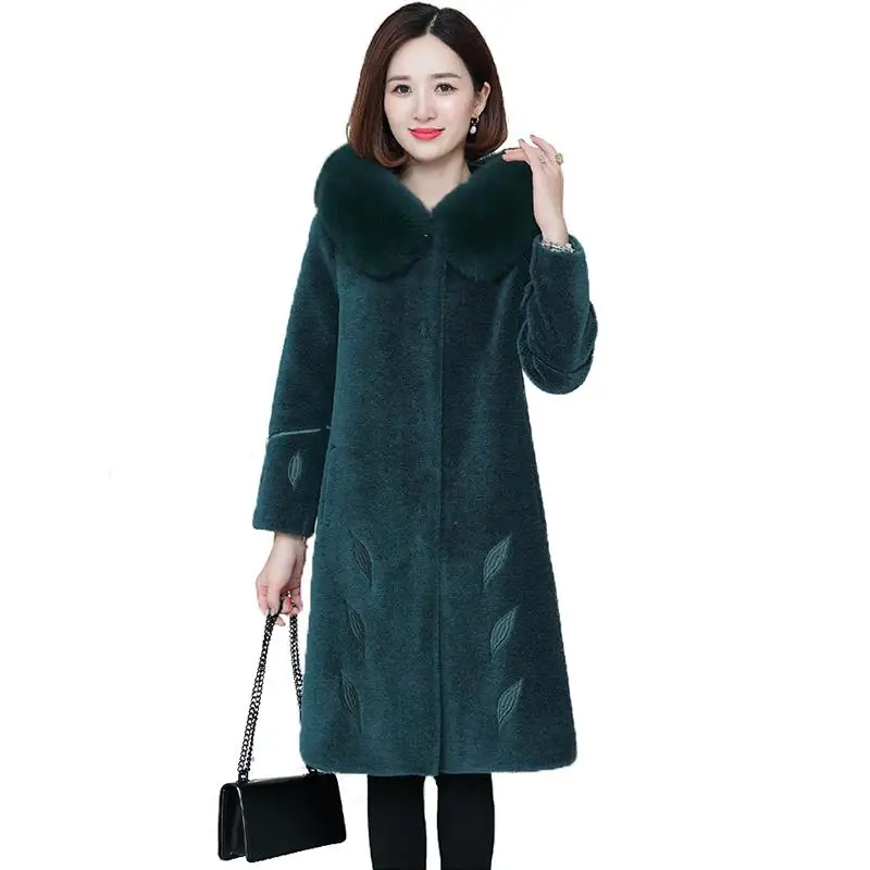 dark green Женское пальто осень-зима из настоящей овечьей шерсти, пальто с капюшоном и воротником из натурального Лисьего меха, женская теплая длинная верхняя одежда из овечьей шерсти T156 - Цвет: dark green