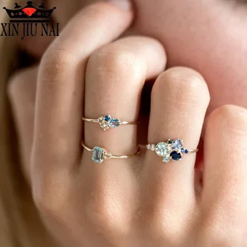 

Fashion Color Stone Plated Gold Three Set Ring Set Sea Blue Female 925 sterling silver wedding ring