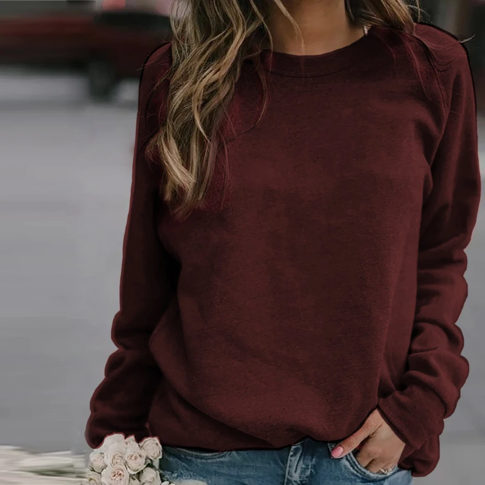 Wine Red Elsvios 5XL, Повседневная Толстовка с круглым вырезом, толстовки, осенняя Толстовка с длинным рукавом, топы, Однотонный женский базовый пуловер, спортивный костюм, свитер для женщин - Цвет: Wine Red