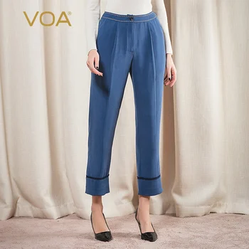 

VOA Heavyweight Silk 30MM Natural Waist yi li kou Arch Needle Process Hem Black Selvage Capri Harem Pants K1333