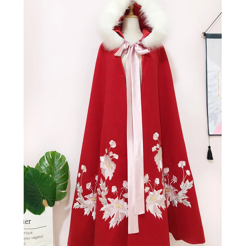 Древний китайский костюм женский Hanfu с капюшоном меховой воротник длинный плащ красный Hanfu плащ Зимний национальный костюм ханьфу наряд платье для выступлений на сцене SL1398