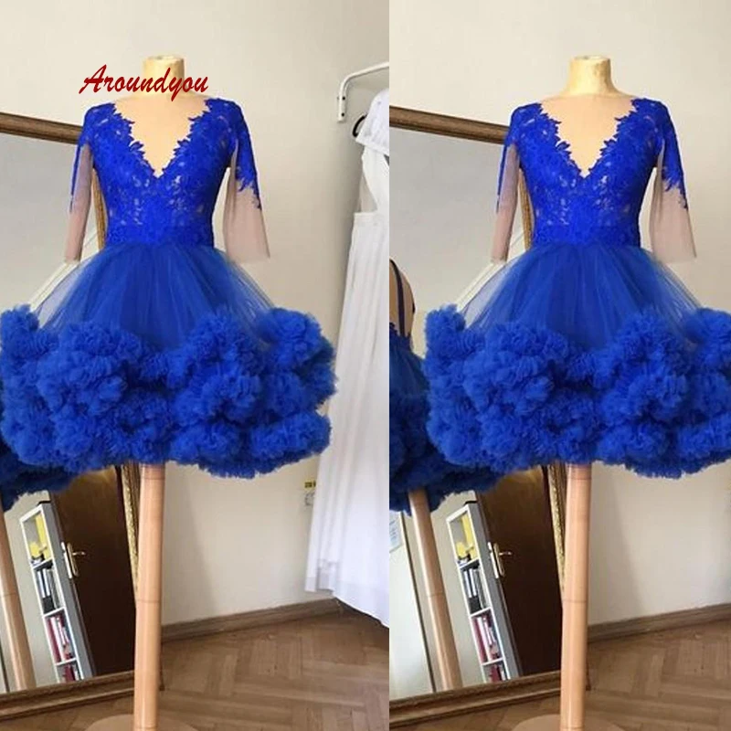 Сексуальные королевские синие короткие коктейльные платья вечерние размера плюс женские вечерние платья с длинным рукавом для выпускного вечера