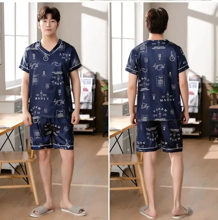 mens sleep wear Men Satin Silk Pajamas Set for Men Short Sleeve V-Neck Summer Casual Sleepwear Pyjama Male Homewear Lounge Wear Clothes cotton short pyjamas