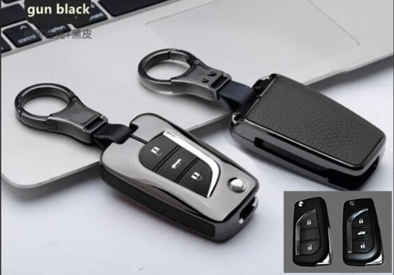 B KEY gun black Автомобильный оцинкованный сплав и кожаный держатель для ключей чехол для Toyota Hilux Fortuner Land Cruiser Camry RAV4 Aygo Scion 2/3 кнопка - Название цвета: B KEY gun black
