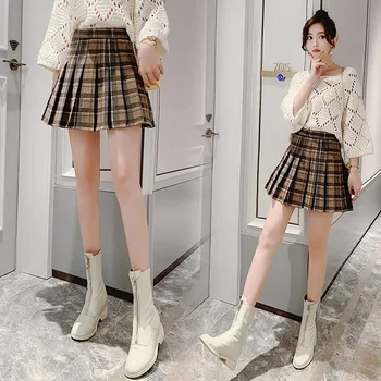 

2020 spring new woolen plaid pleated skirt female super fire high waist skirt was thin A-line skirt