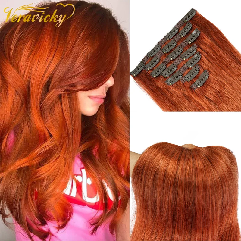 Copper Red 7PCS 120G One Set Clip in Human Hair Machine Remy Extensions Double Wefts Straight & Silky Natural 16-22" | Шиньоны и