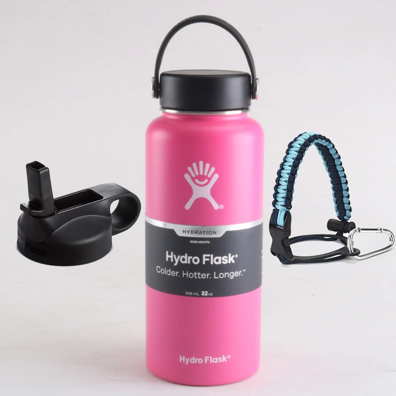 Pink Гидро термос бутылка для воды Нержавеющая сталь бутылка с вакуумной изоляцией из нержавеющей стали с широким горлышком Hydroflask с гибким Кепки и соломенной крышкой 18/32/40oz - Цвет: Pink