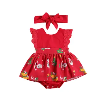 

Infant Baby Girls Santa Print Striped Sleeveless Lace Patchwork Tutu Jumpsuit + Headband