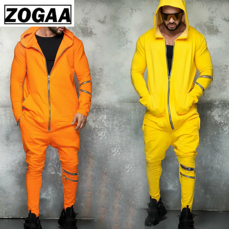 ZOGAA ZOGGA сплошной цвет с капюшоном Мужские костюмы на молнии дышащий хлопок спортивная одежда из полиэфира для мужчин тренажерный зал 2 шт