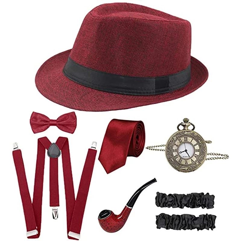 Halloween Great Gatsby Cosplay Costume 1920s Mens Gangster Accessories Set-Fedora Newsboy Hat Suspenders Armbands Tied Bowtie