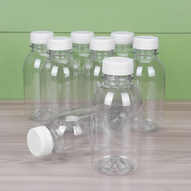 11Pcs Plastic Empty Drink Juice Containers Milk Bottles w/Lids Tamper-proof  Seal