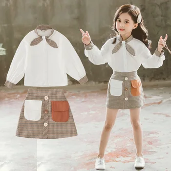 

new college wind boy suit girls clothing sets autumn dress skirt set big children clothes bow plaid two-piece spring and autumn