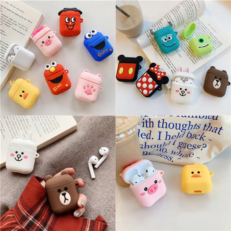 

Bluetooth Earphone Case for Airpods 2 Accessories Protective Cover Bag Anti-lost Strap Cute Cartoon Mini DIY Silicone Soft Cases