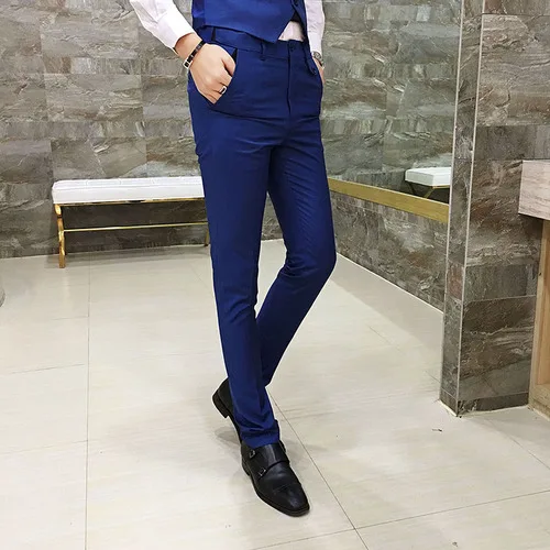 seasons slim trousers men's business dress professional dress feet pants men's solid color wild business casual suit pants - Цвет: qianhailan