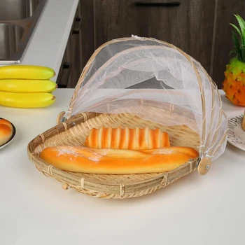 

Handmade Anti-mosquito Bamboo Storage Basket Round Braided Frame Drying Basket Net Cover Household Fruit And Vegetable Tray #