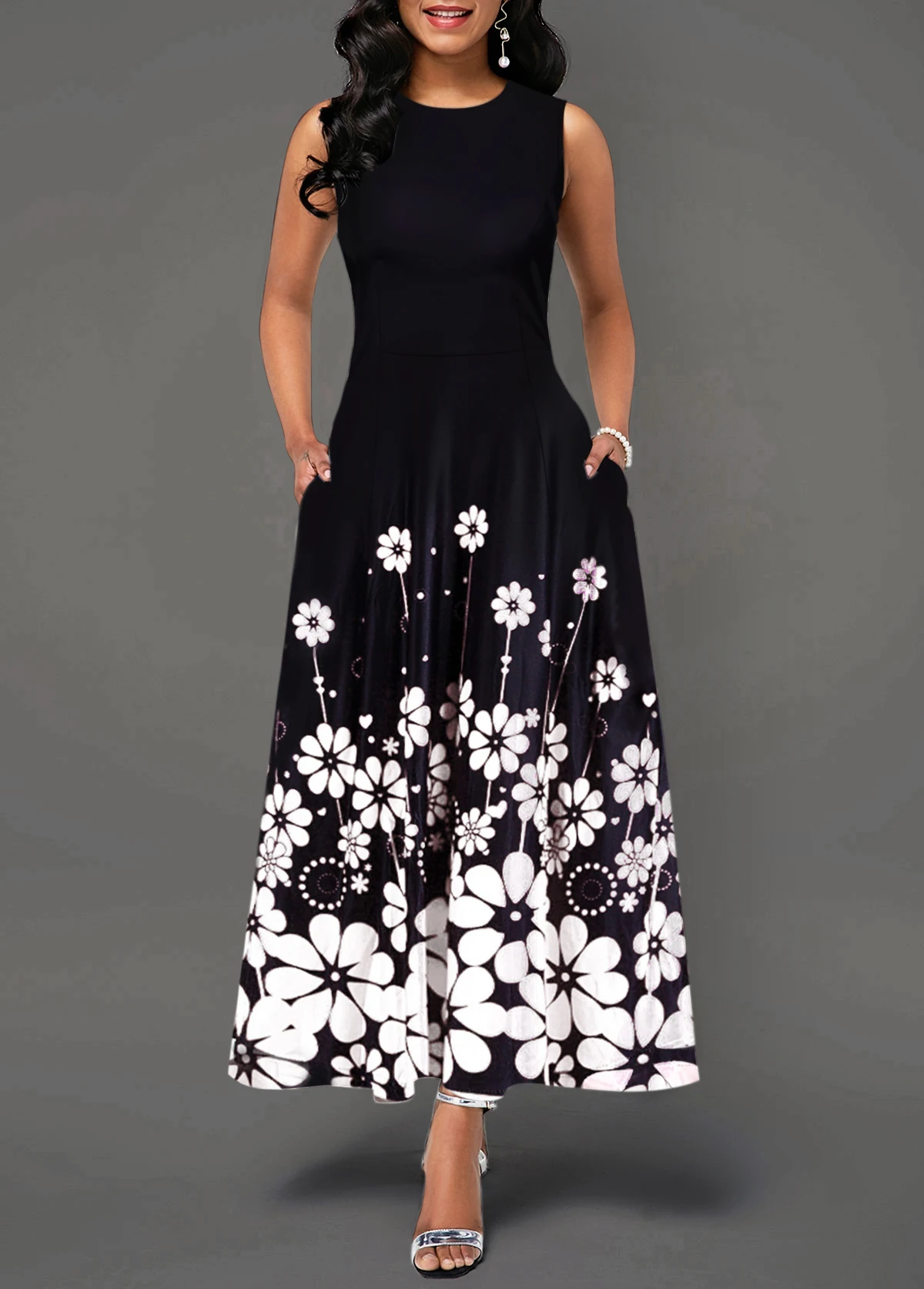 Элегантное женское длинное платье макси с цветочным принтом большого размера, вечернее пляжное платье, Летнее Длинное платье без рукавов с цветочным принтом, костюм - Цвет: Черный