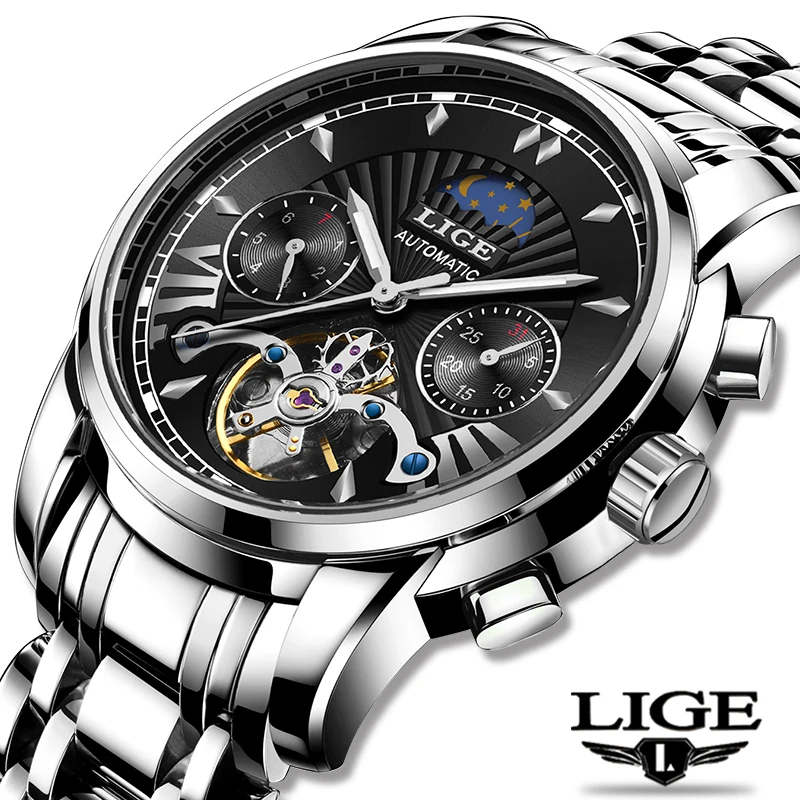 

New LIGE Fashoin Mens Watches Top Brand Luxury Automatic Mechanical Tourbillon Watch Men Stainless Steel Waterproof Wrist Watch