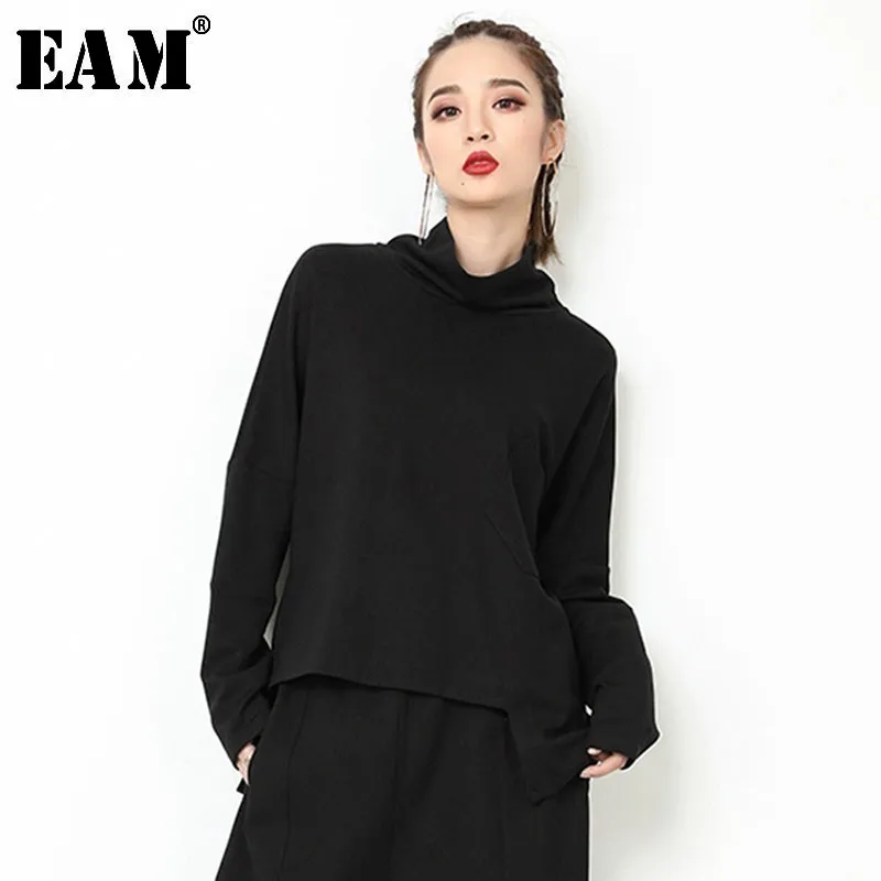 

[EAM] 2020 New Spring Autumn High Collar Long Sleeve Black Loose Irregular Hem Split Joint Loose T-shirt Women Fashion JO119