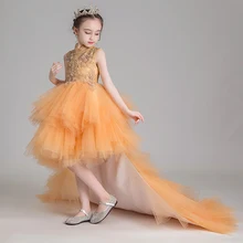Золотое Тюлевое платье для первого причастия для девочек; кружевные вечерние платья принцессы для маленьких девочек; праздничное вечернее платье; платье с цветочным узором для девочек на свадьбу