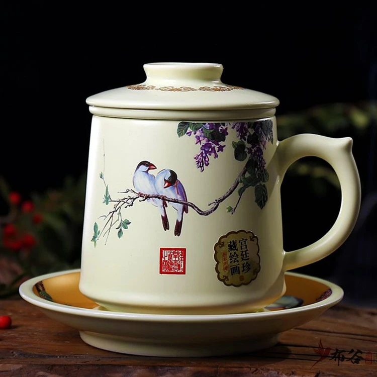 450ml Jingdezhen Ceramic Bone China Porcelain Tea Cup Energy Health Cup Mug Milk Coffee Tea Cup with Filter Lid Saucer Drinkware
