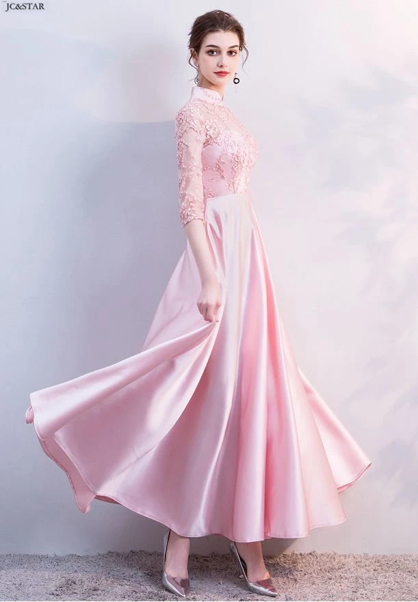 Vestidos para boda, новинка, кружевное розовое платье подружки невесты с высоким горлом и полурукавом, длинное свадебное платье для гостей