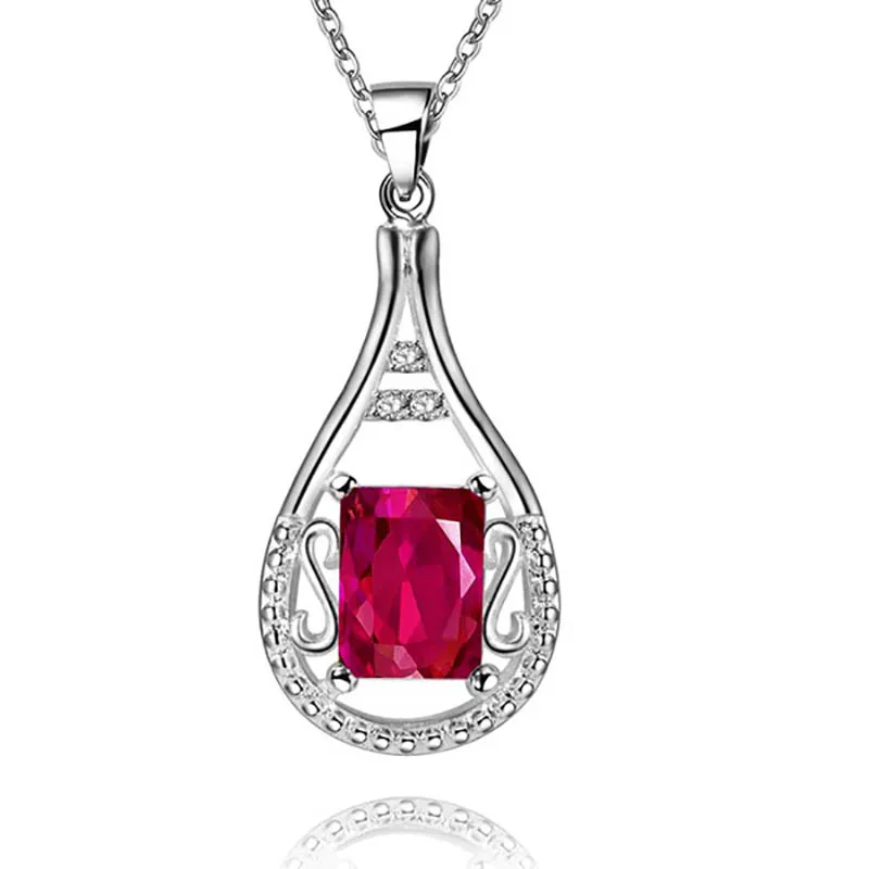 Bague Ringen, цветные драгоценные камни, подвеска в форме капли воды, ожерелье, серебро 925, ювелирные изделия для женщин, аквамарин, рубин, изумруд, вечерние - Цвет камня: red