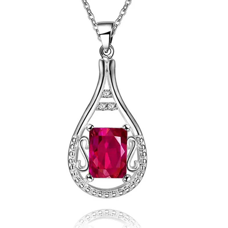 red Bague Ringen, цветные драгоценные камни, подвеска в форме капли воды, ожерелье, серебро 925, ювелирные изделия для женщин, аквамарин, рубин, изумруд, вечерние - Цвет камня: red